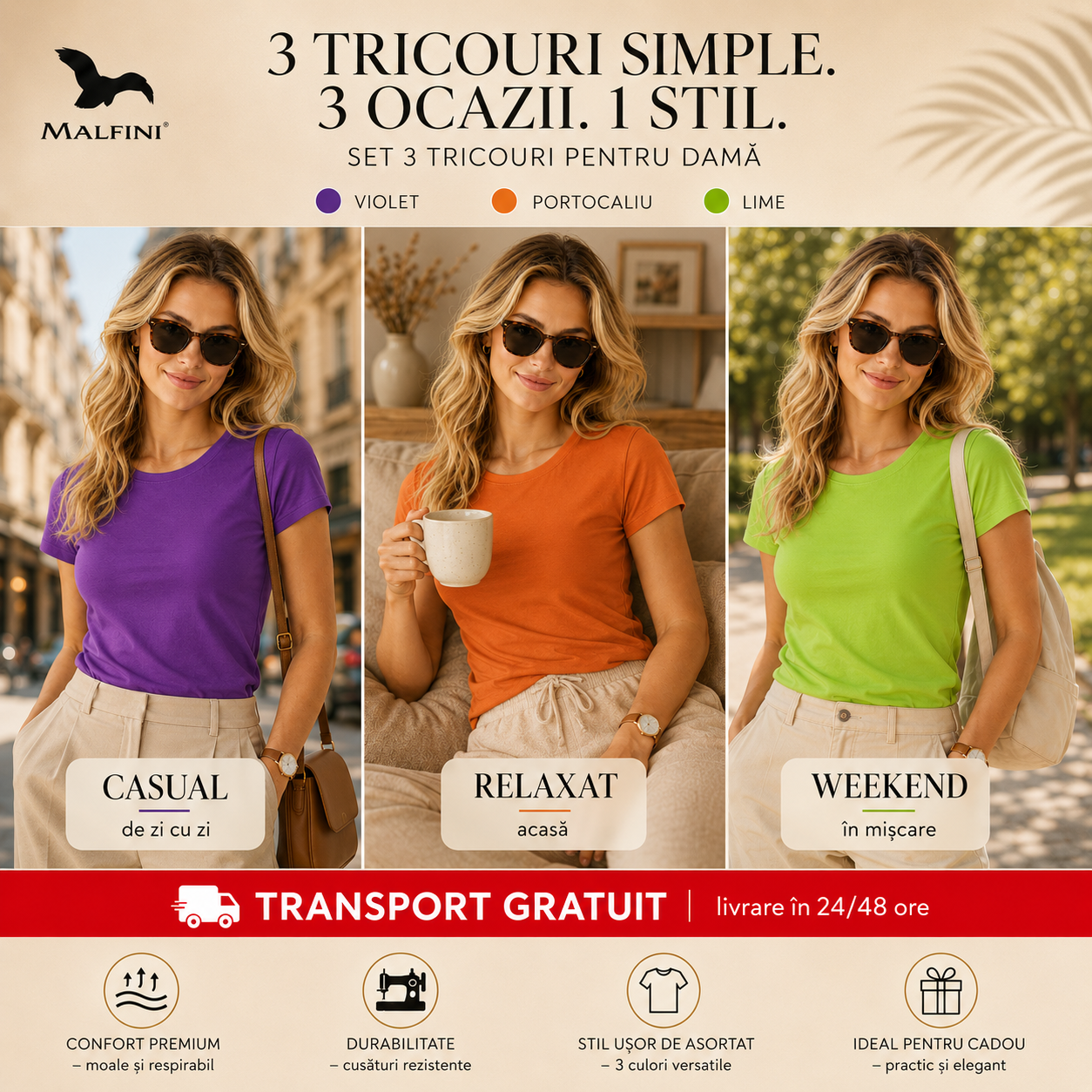 Tricouri damă simple din bumbac 100% violet portocaliu lime